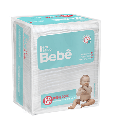 Algodão Quadrado para Bebê 50 unidades - Bem Básico - Drogarias Tamoio
