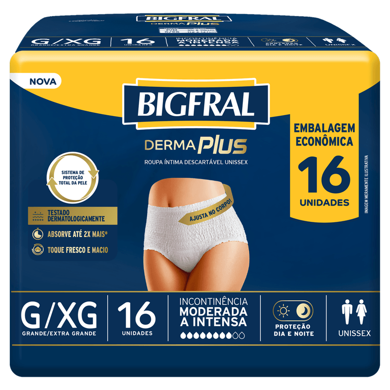 Roupa Íntima Descartável para Incontinência Unissex Bigfral Derma Plus G/XG - 16 Unidades