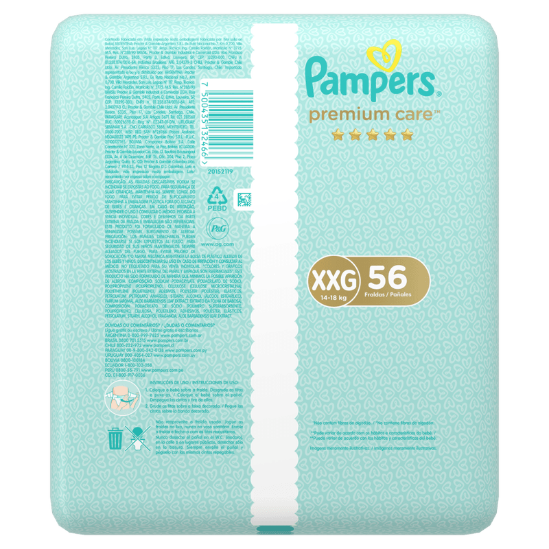 Fralda Descartável Infantil Pampers Premium Care XXG 14 a 18kg - 56 Unidades