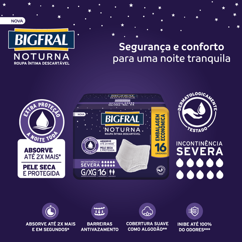 Roupa Íntima Descartável Unissex Bigfral Noturna G/XG - 16 Unidades