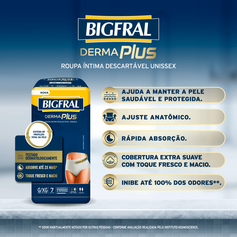 Roupa Íntima Descartável Unissex Bigfral Derma Plus G/XG - 7 Unidades