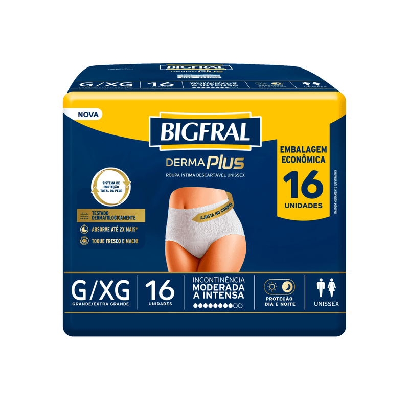 Roupa Íntima Descartável para Incontinência Unissex Bigfral Derma Plus G/XG - 16 Unidades