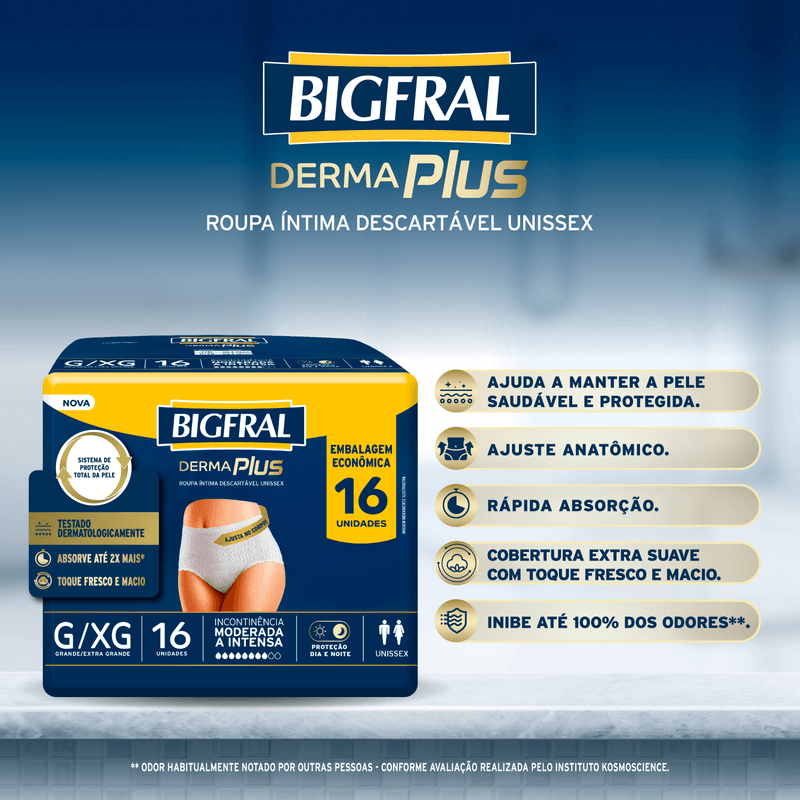 Roupa Íntima Descartável para Incontinência Unissex Bigfral Derma Plus G/XG - 16 Unidades