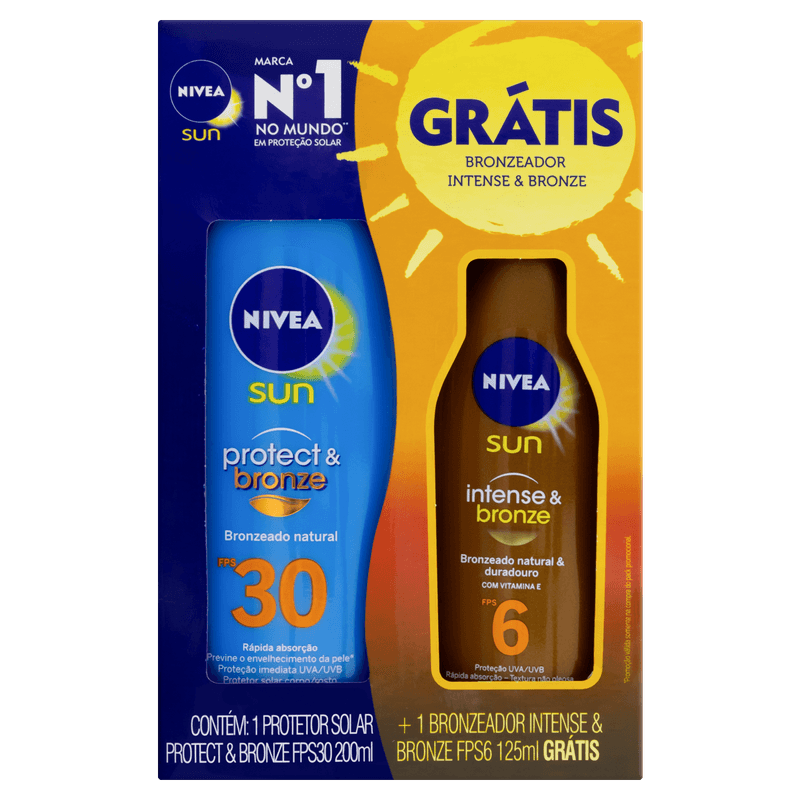 Kit-Protetor-Solar-Protect---Bronze-FPS-30-Nivea-Sun-200ml-Gratis-Bronzeador-Intense---Bronze-FPS-6---125ml
