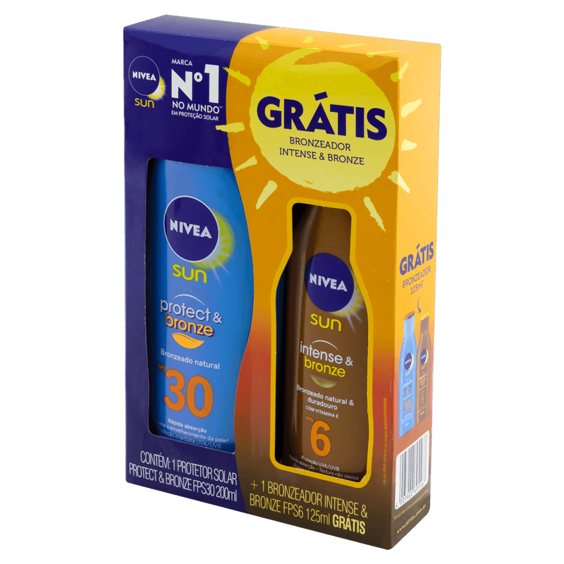 Kit-Protetor-Solar-Protect---Bronze-FPS-30-Nivea-Sun-200ml-Gratis-Bronzeador-Intense---Bronze-FPS-6--125ml