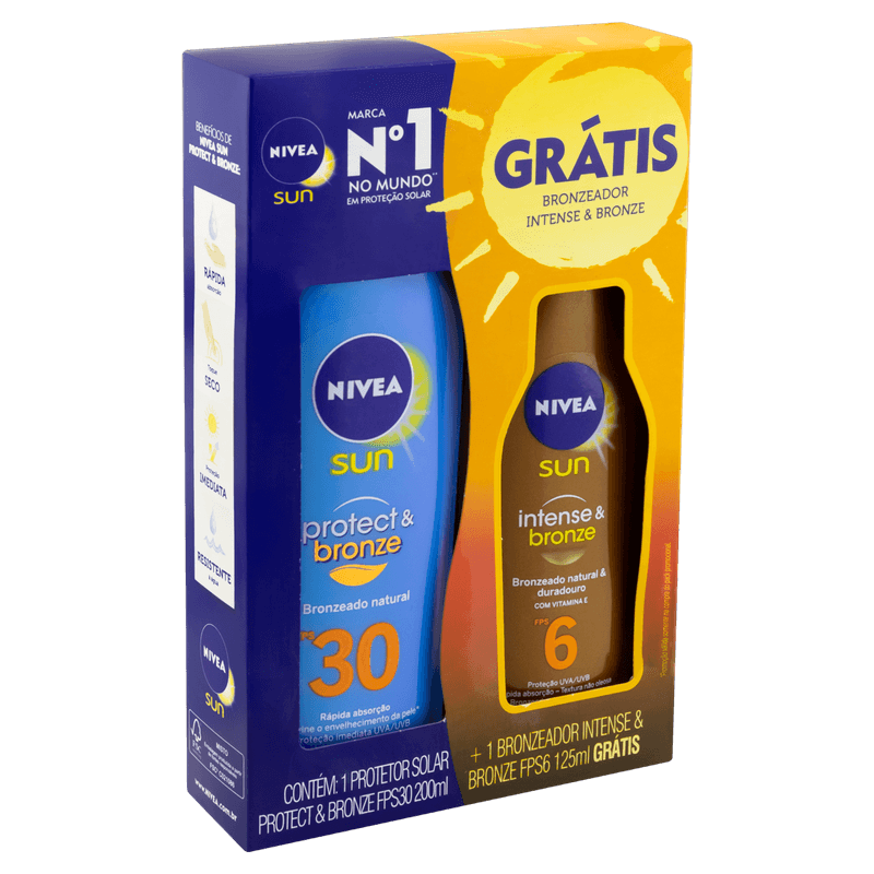 Kit-Protetor-Solar-Protect---Bronze-FPS-30-Nivea-Sun-200ml-Gratis-Bronzeador-Intense---Bronze-FPS-6---125ml