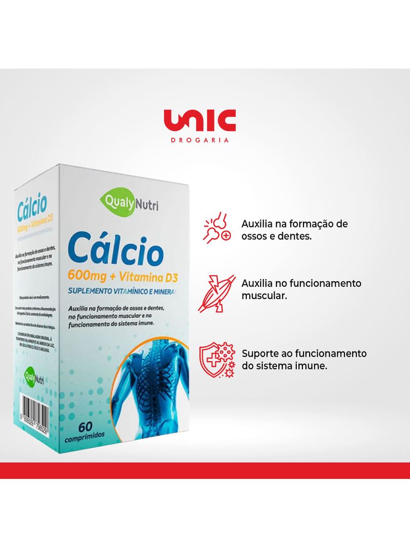 Cálcio+Vitamina D3 600mg 60 Comprimidos - Qualy Nutri