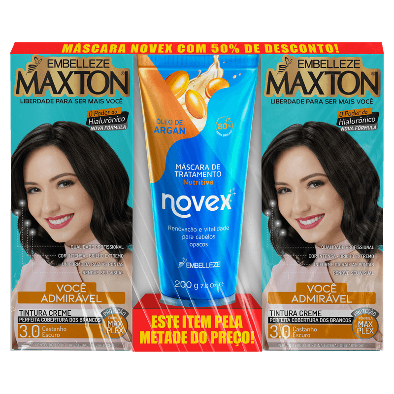Kit 2 Tinturas Creme 3.0 Castanho Escuro Maxton + 1 Mascara de Tratamento Nutritiva Novex Oleo de Argan 200g