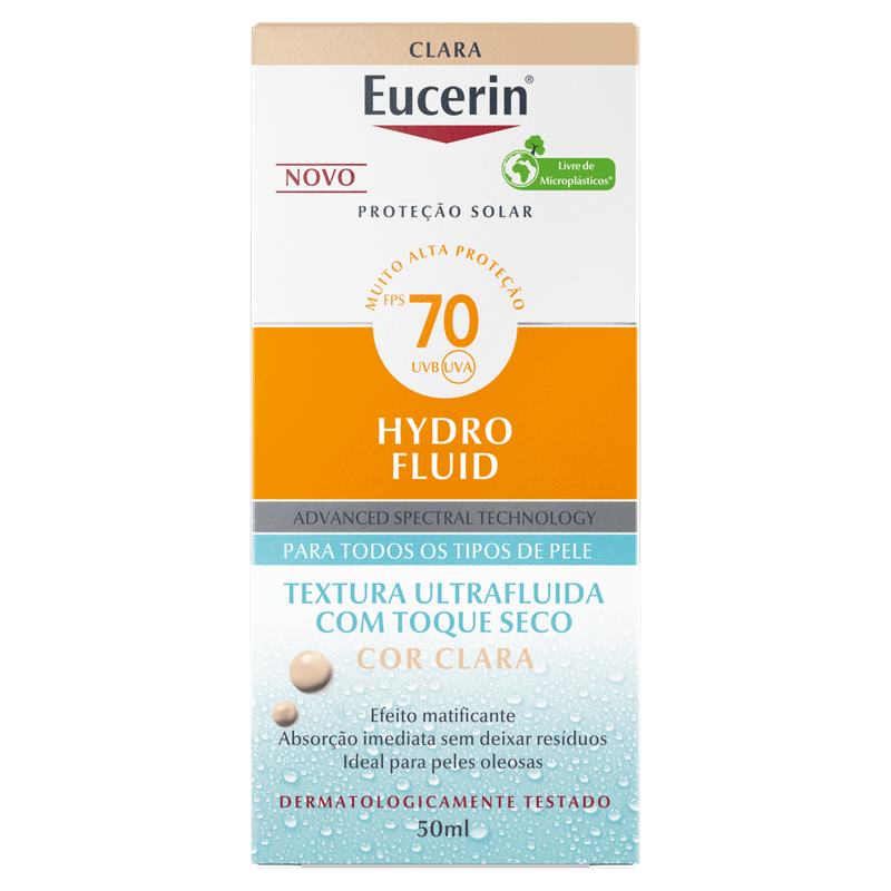 Protetor-Solar-Facial-Toque-Seco-com-Cor-Clara-FPS-70-Eucerin-Hydro-Fluid-Caixa-50ml