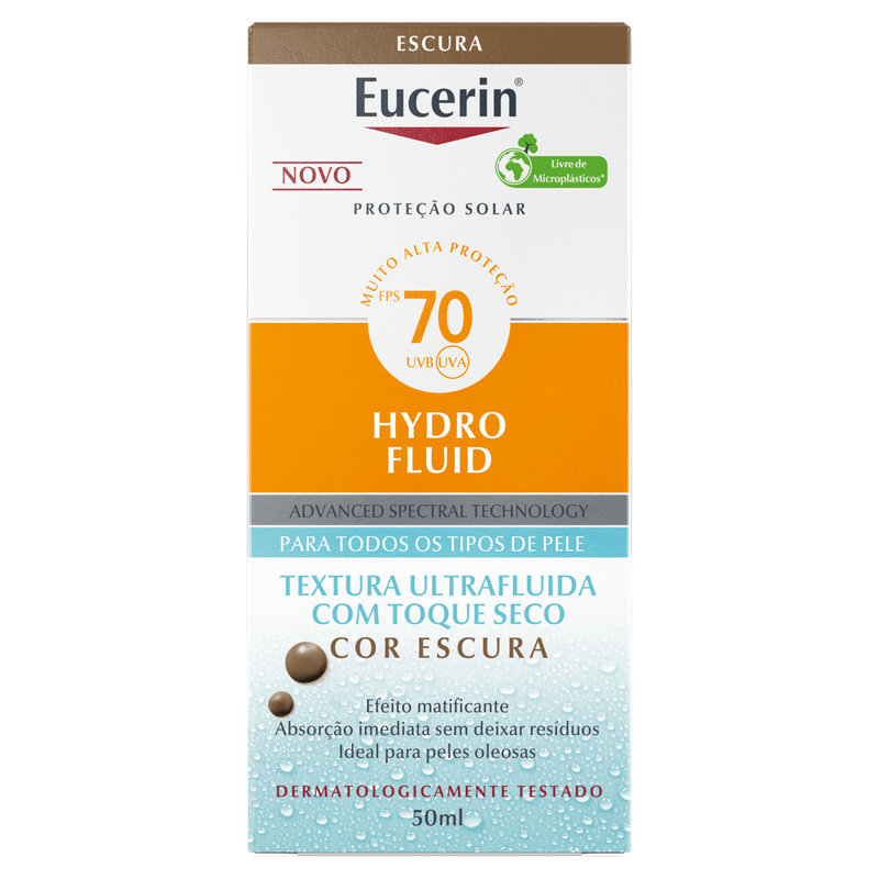 Protetor-Solar-Toque-Seco-com-Cor-Escura-FPS-70-Eucerin-Hydro-Fluid-Caixa-50ml