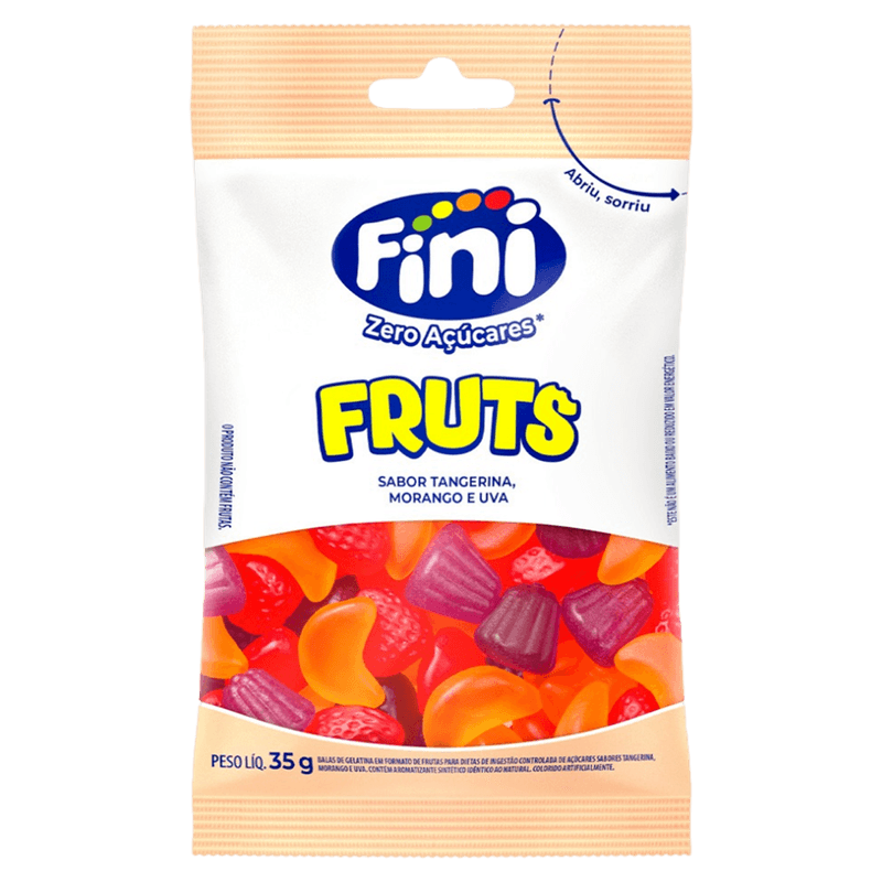 Bala-de-Gelatina-em-Formato-de-Frutas-Tangerina-Morango-e-Uva-Zero-Acucar-para-Dietas-de-Ingestao-Controlada-de-Acucares-Fruts-Fini-Pacote-35g