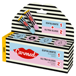 Kit-Esfoliante---Ultra-Gloss-Labial-Algodao-Doce-com-Manteiga-de-Karite-Carmed-SOS-Labios-10g-Cada