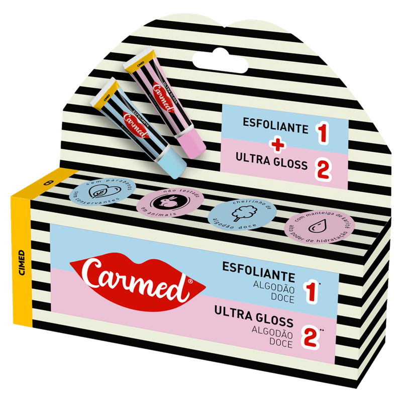 Kit-Esfoliante---Ultra-Gloss-Labial-Algodao-Doce-com-Manteiga-de-Karite-Carmed-SOS-Labios-10g-Cada