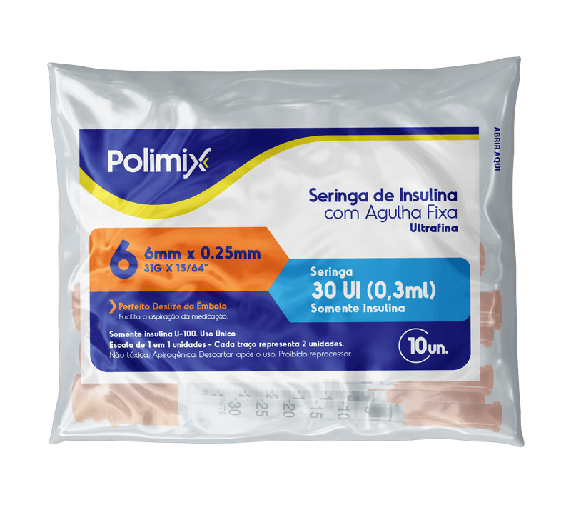 Seringa para Insulina Polimix com Agulha 6mm 30UI - 10 unidades