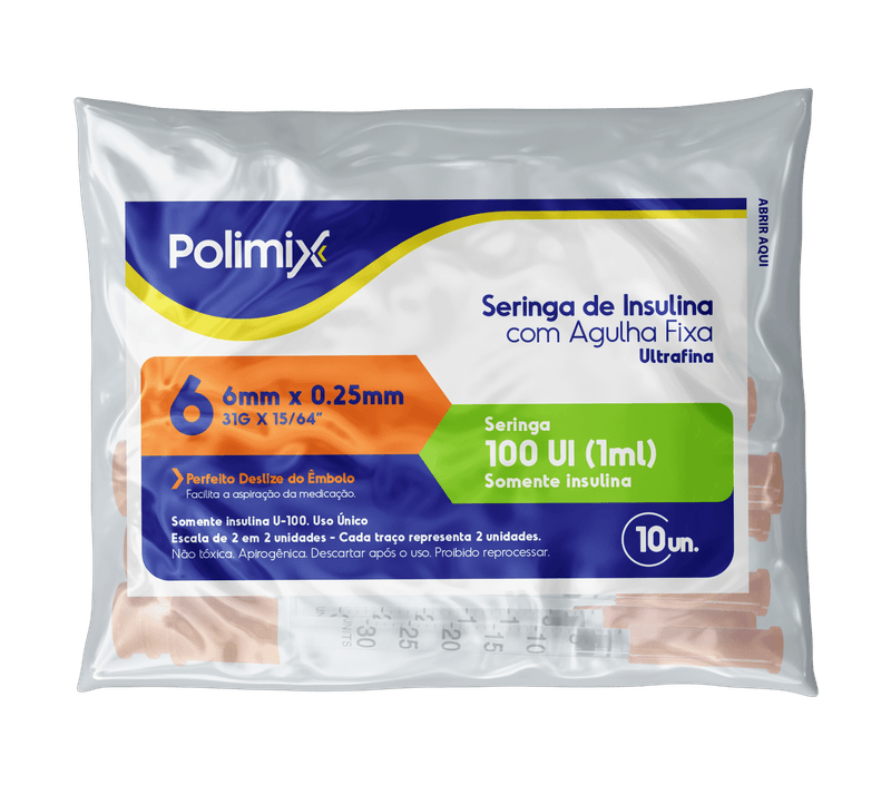 Seringa para Insulina Polimix com Agulha 6mm 100UI - 10 unidades
