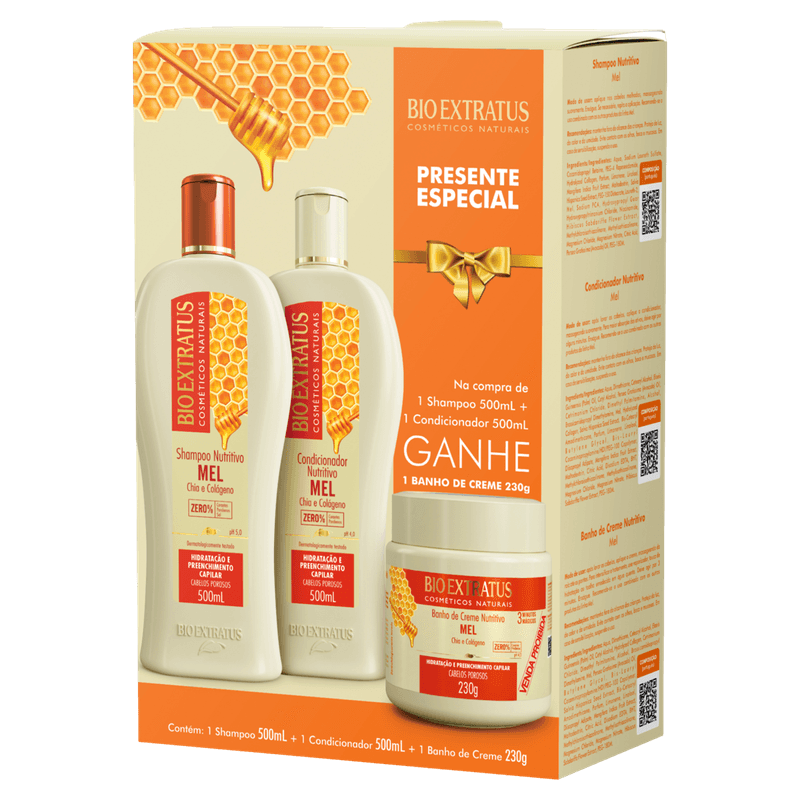 Kit-Shampoo---Condicionador-Nutritivo-Chia-e-Colageno-Bio-Extratus-Mel-500ml-Cada-Gratis-Banho-de-Creme-230g-Edicao-Limitada