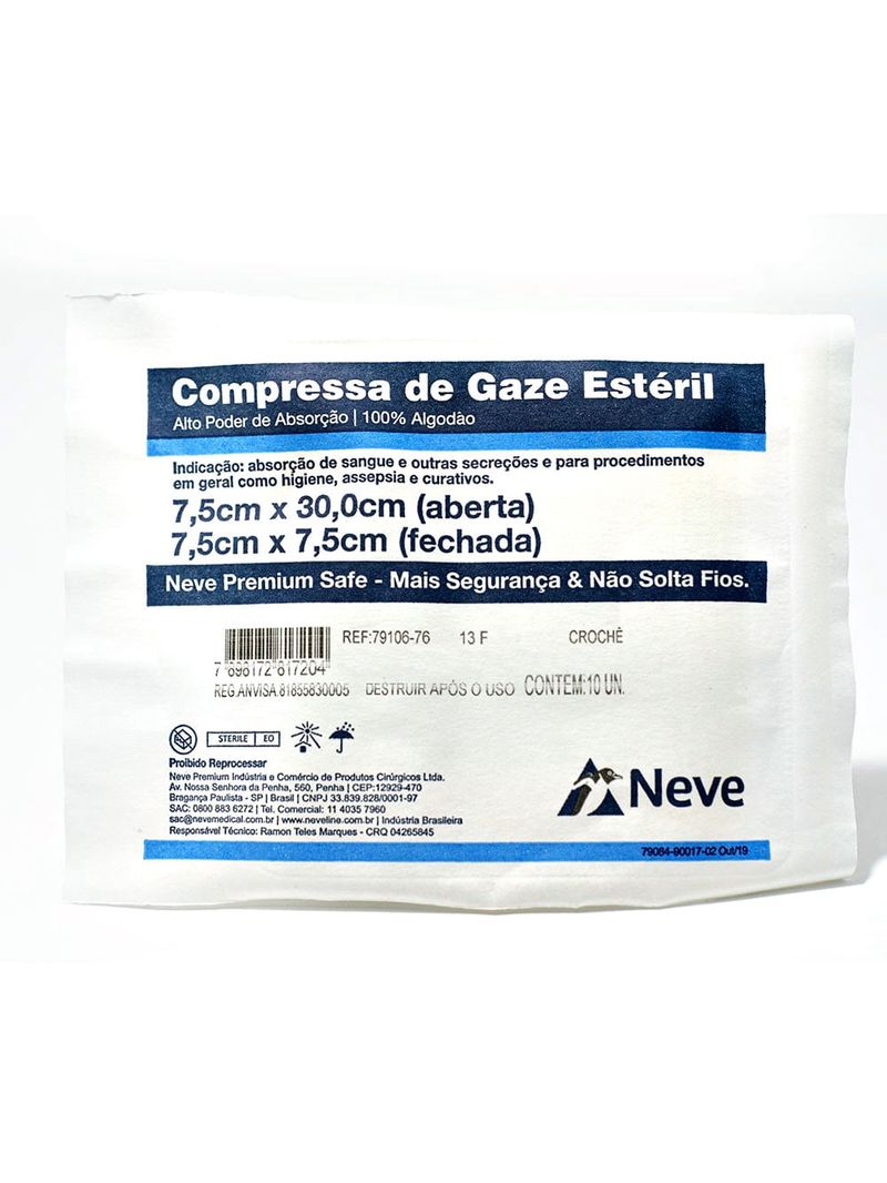 Compressa Gaze Neve Estéril 13 Fios 75x75cm Crochê - 10 gazes