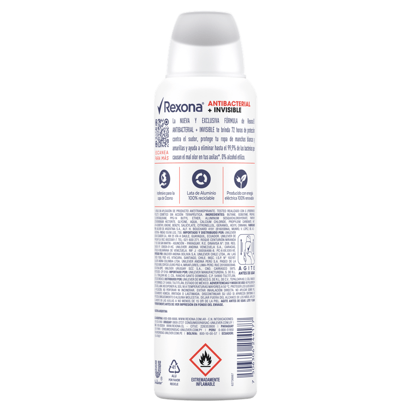 Antitranspirante Aerossol Antibacterial e Invisible Rexona 150ml Spray