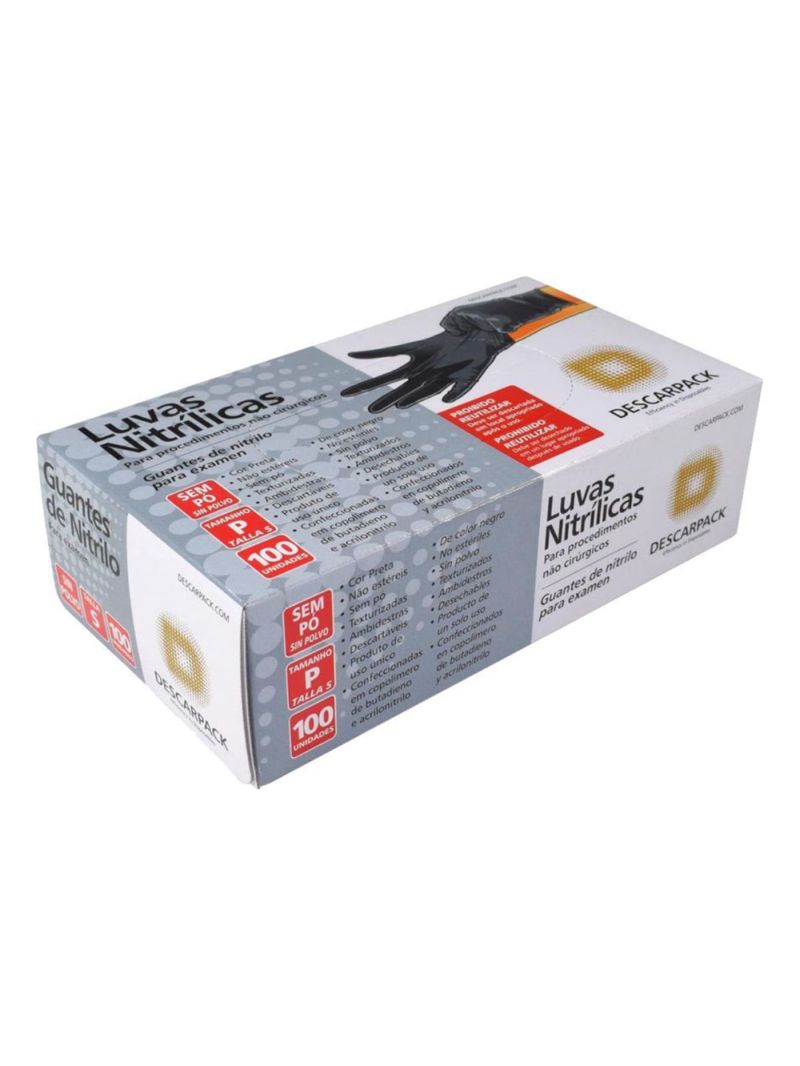 Luva Nitrílica Descartável Descarpack - Preta - Tamanho P - 100 Unidades