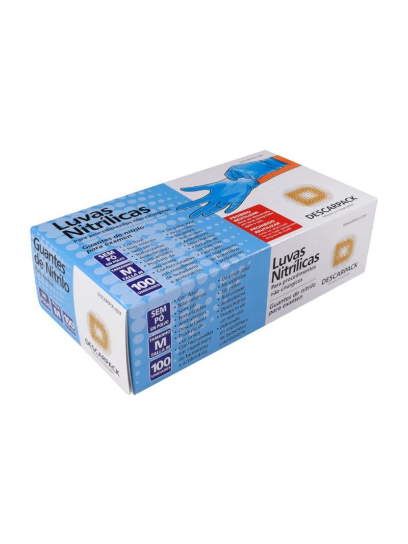 Luva Nitrílica Descartável Descarpack - Azul - Tamanho M - 100 Unidades