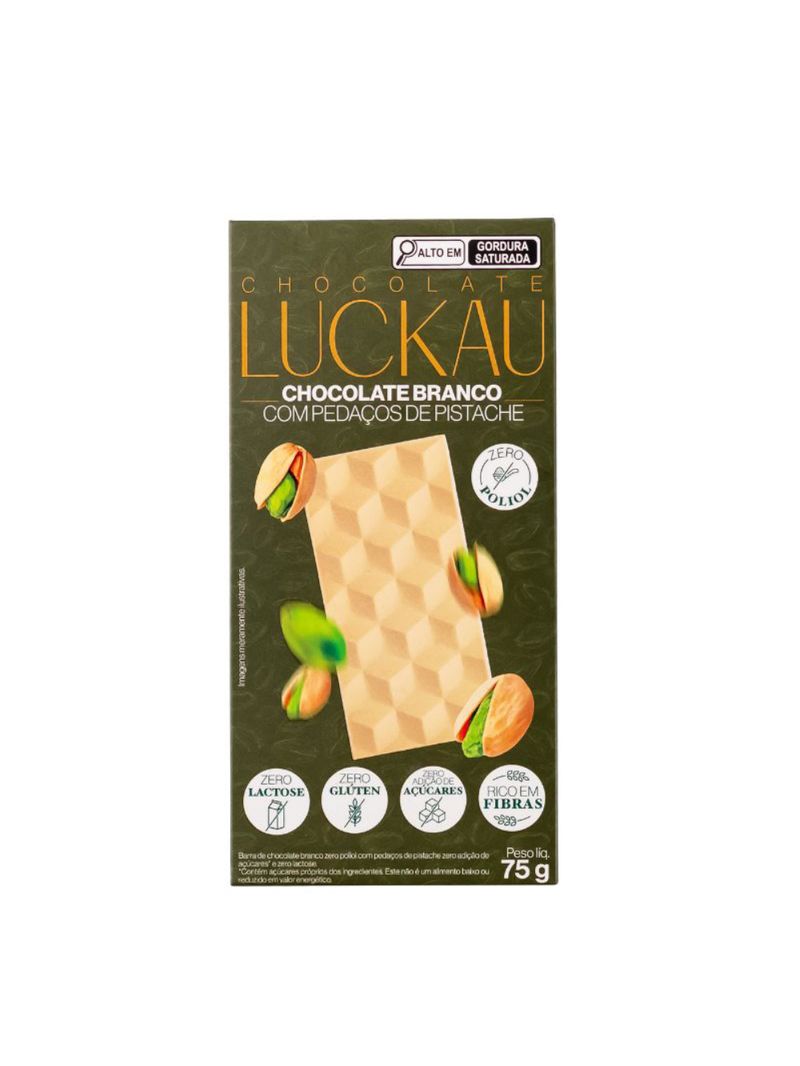 Barra Choco Branco Zero Poliol com Pedaços de Pistache Luckau 75g