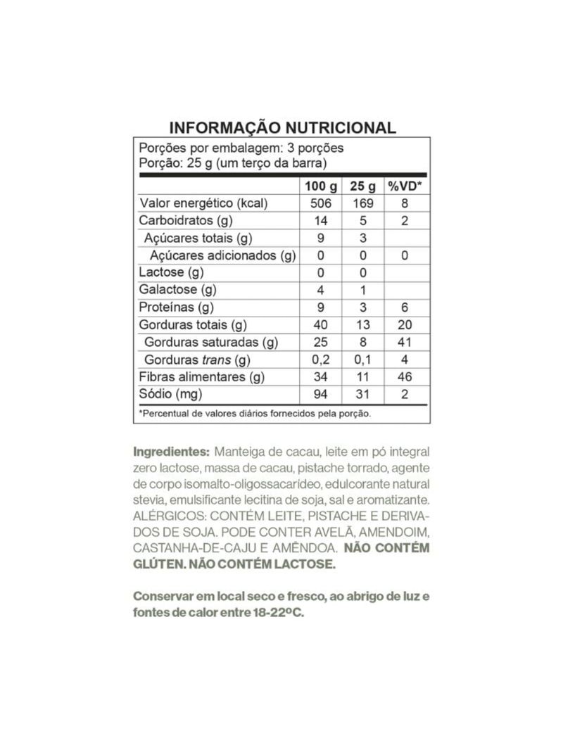 Barra Choco Branco Zero Poliol com Pedaços de Pistache Luckau 75g