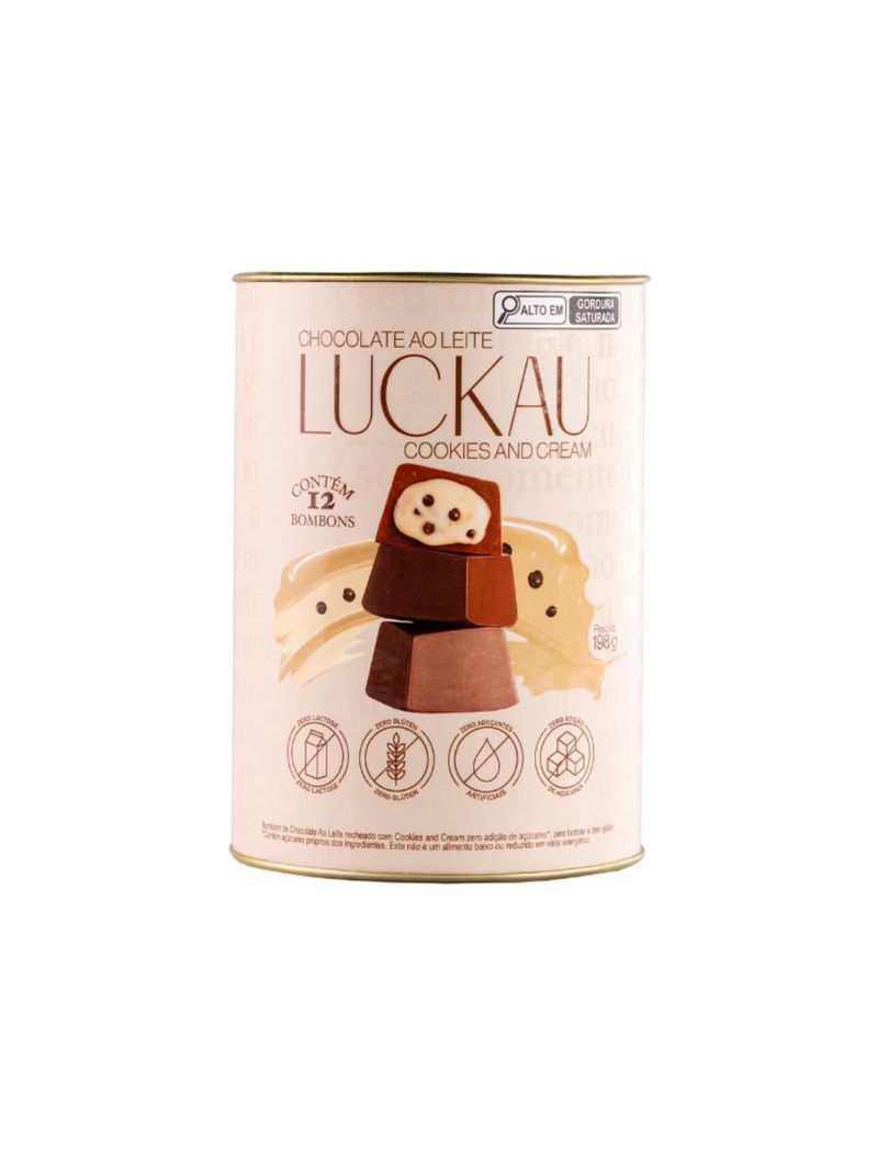 Bombom de Chocolate ao Leite Com Cookies & Cream Luckau Lata 198g
