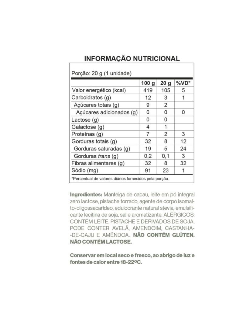 Barra Choco Branco Zero Poliol com Pedaços de Pistache Luckau 20g