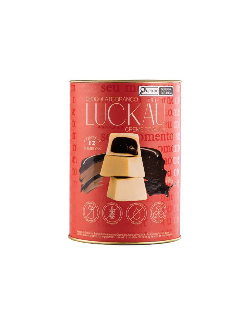 Bombom De Chocolate Branco Com Creme de Avelã Luckau Lata 198g