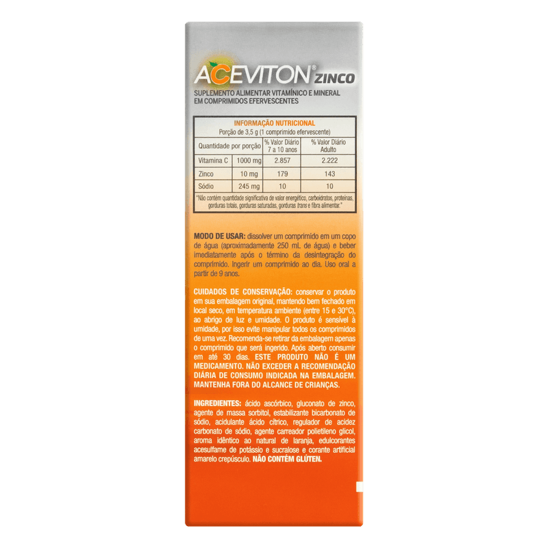 Aceviton Zinco 1g + 10mg Sabor Laranja 30 Comprimidos Efervescentes Cimed suplemento vitamínico