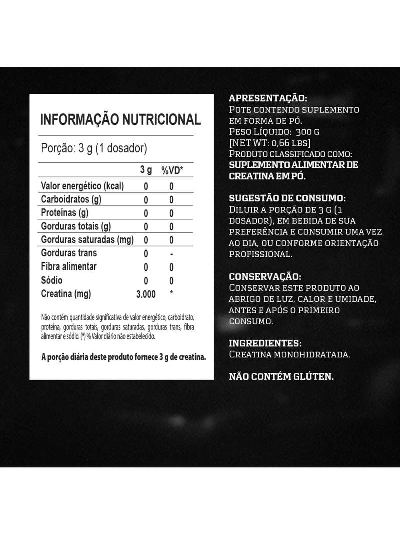 Creatina Monohidratada 300g Pó Neutro 100% Pura Darkness