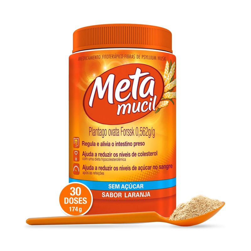 Metamucil Fibra Psyllium sabor laranja - 174g