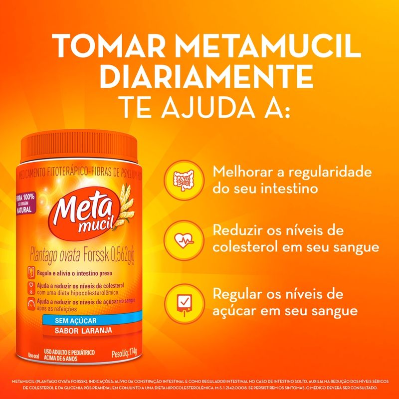 Metamucil Fibra Psyllium sabor laranja - 174g