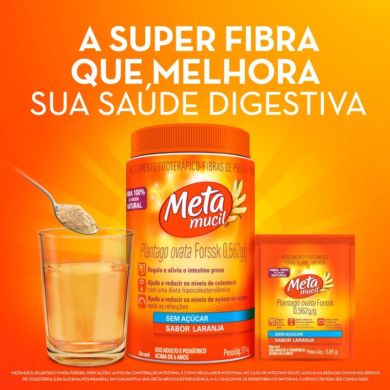 Metamucil Fibra Psyllium sabor laranja - 174g