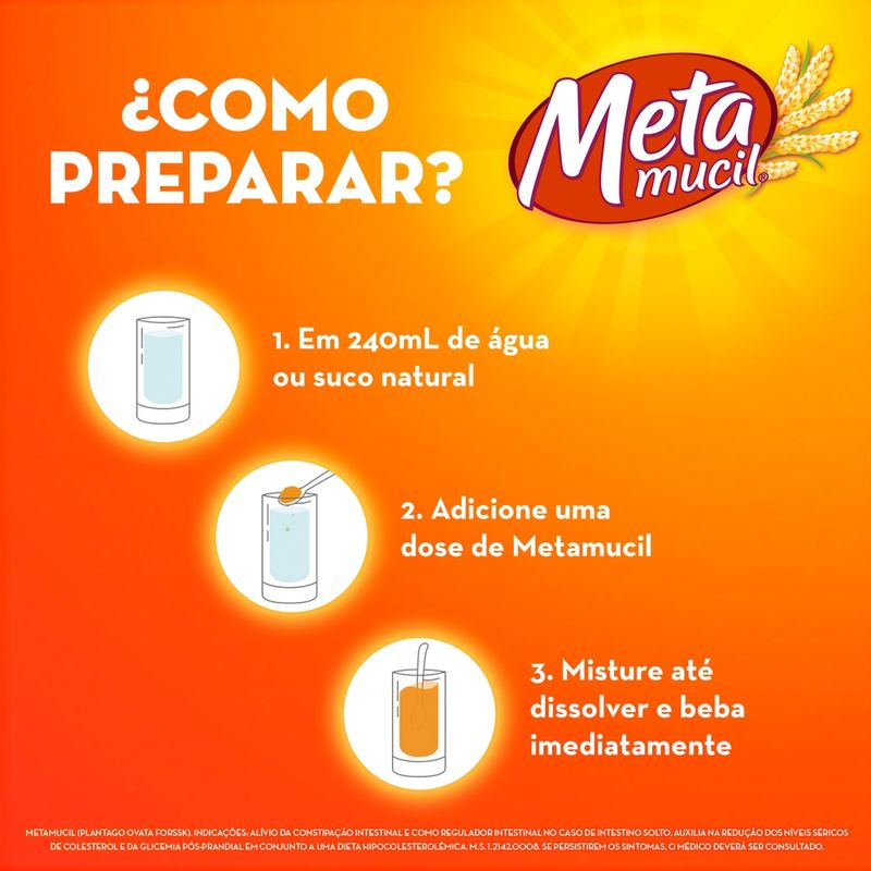 Metamucil Fibra Psyllium sabor laranja - 174g