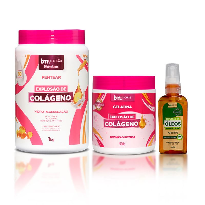 Kit com Creme de Pentear + Gelatina Explosão de Colágeno + Óleo de Abacate e Oliva