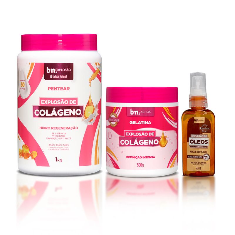 Kit com Creme de Pentear + Gelatina Explosão de Colágeno + Óleo de Linhaça e Algodão