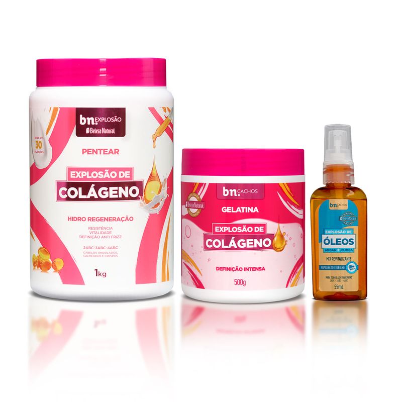 Kit com Creme de Pentear + Gelatina Explosão de Colágeno + Óleo de Jojoba e Argan