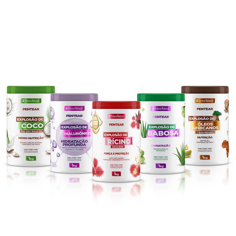 Kit Combo Creme de Pentear Explosão de Coco + Hialurônico + Rícino + Babosa + Óleos Africanos 1Kg (5 itens)