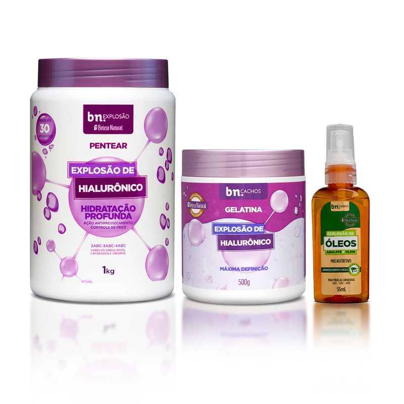 Kit com Creme de Pentear + Gelatina Explosão de Hialurônico + Óleo de Abacate e Oliva