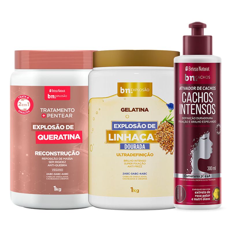 Kit Tratamento Queratina + Gelatina de Linhaça + Ativador Cachos Intensos (3 itens)