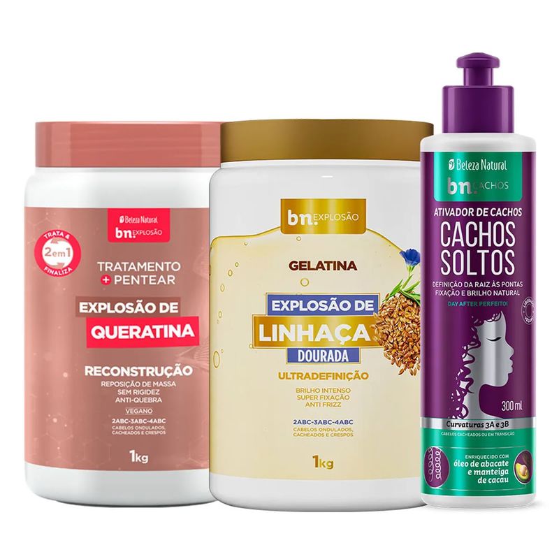 Kit Tratamento Queratina + Gelatina de Linhaça + Ativador Cachos Soltos (3 itens)