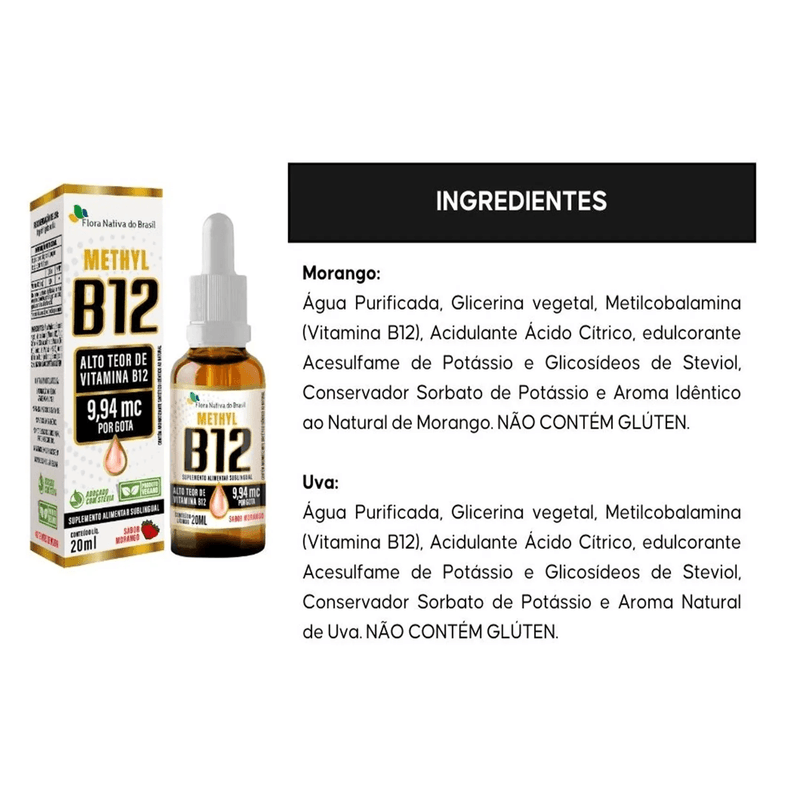 Vitamina B12 Uva 20ml - Metilcobalamina 9,94 mcg por gota - Flora Nativa
