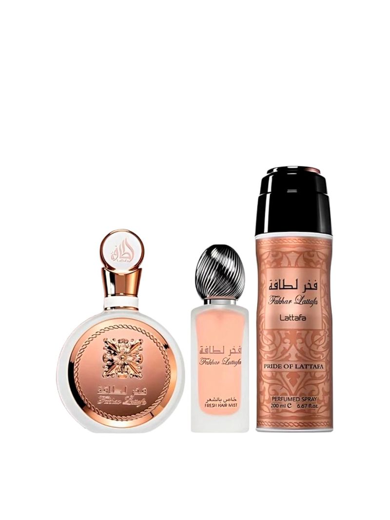 Kit Lattafa Fakhar Women Feminino - Eau de Parfum 100ml e Deodorant 200ml e Hair Mist 50ml