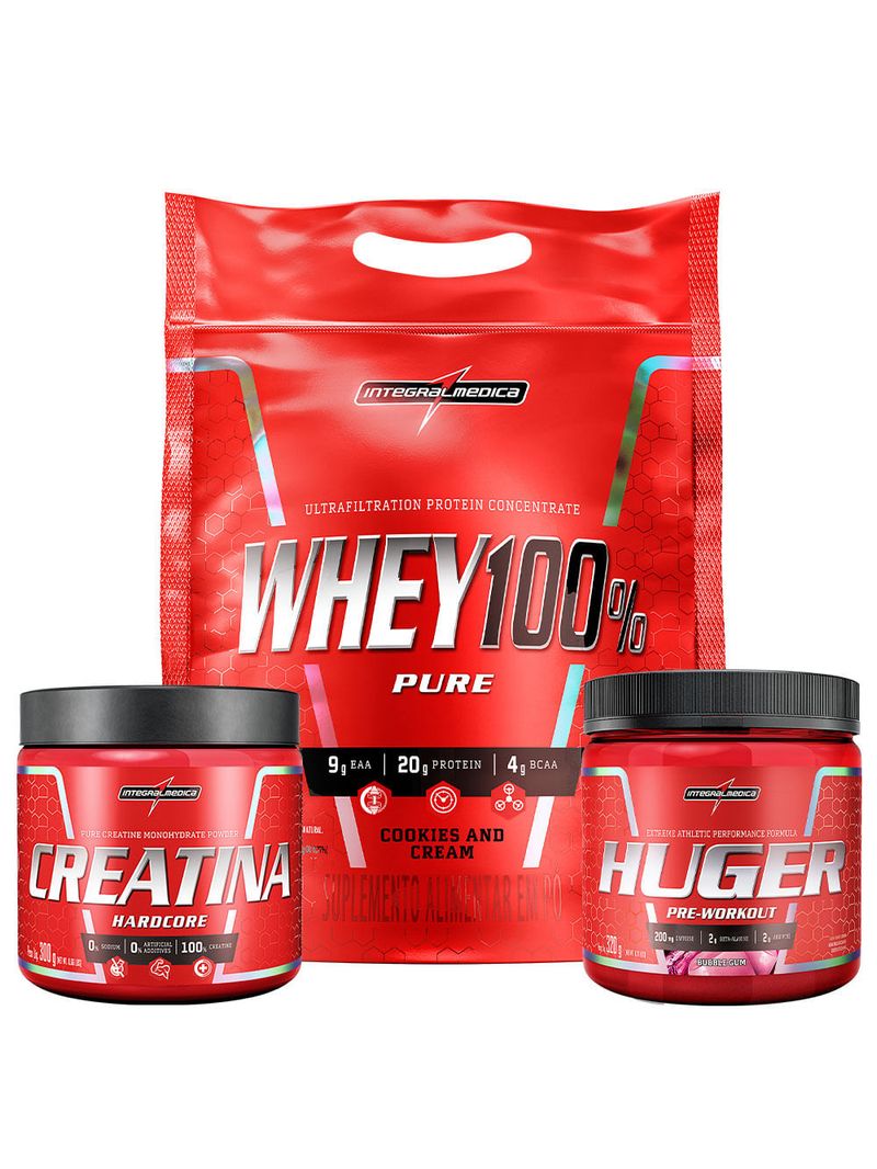 Kit Whey 900g + Creatina 300g + Huger 320g Integralmedica