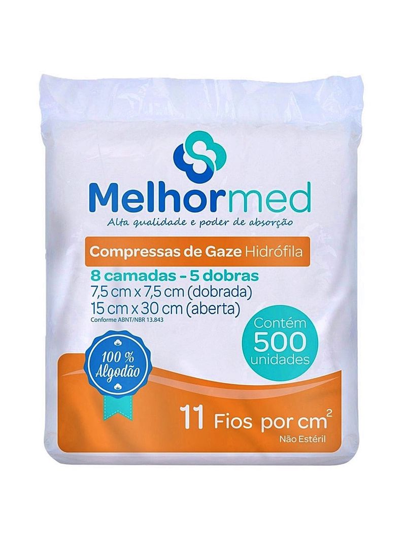 Compressa de Gaze não Estéril MelhorMed - 11 Fios - 7,5cm x 7,5cm - 500 unidades