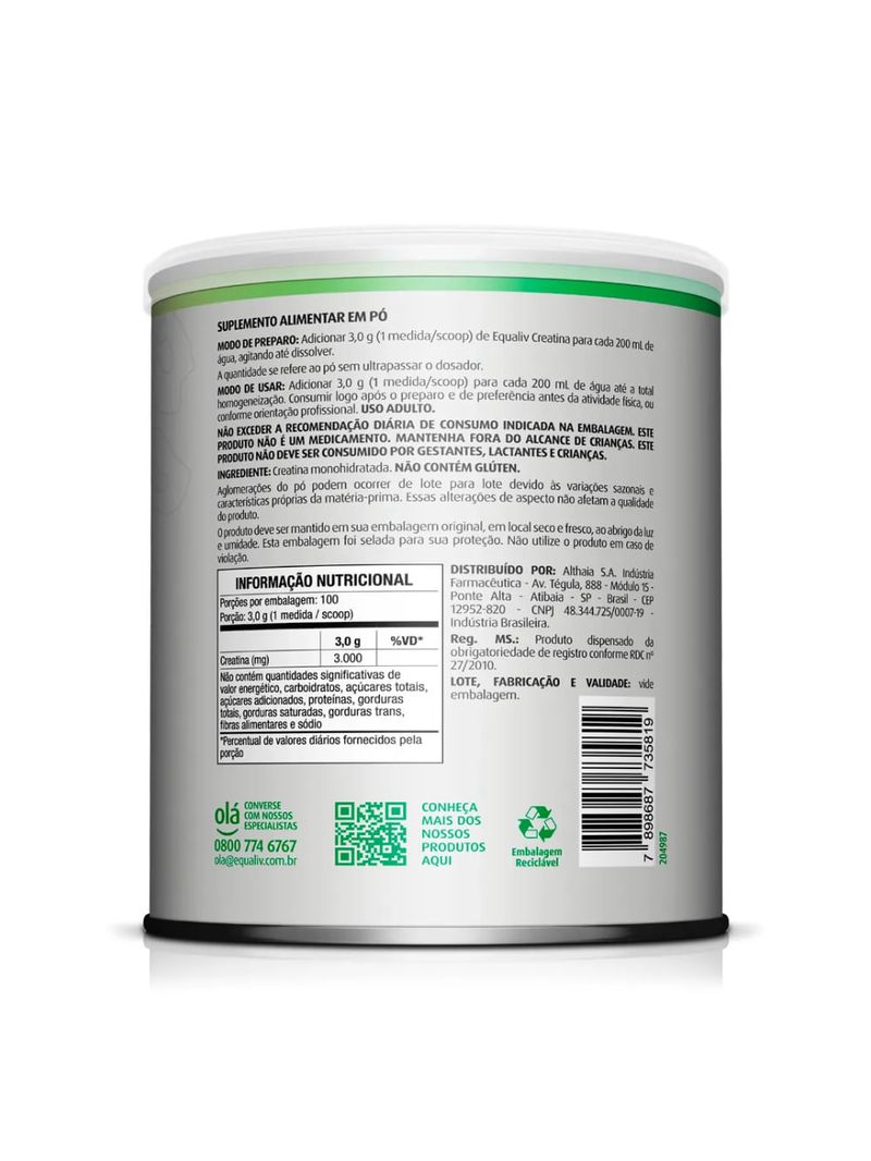 Creatina 100% Monohidratada Pó 300g Equaliv