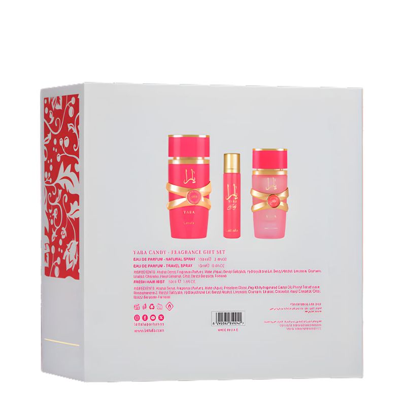 Kit Lattafa Yara Candy Feminino - Eau de Parfum 100ml + 12ml + Hair Mist 50ml
