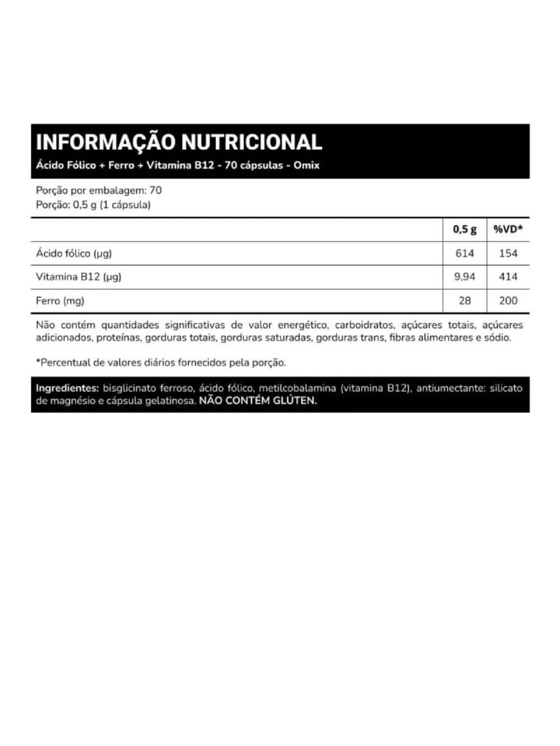 Ácido Fólico Ferro e Vitamina B12 Omix 70cáps