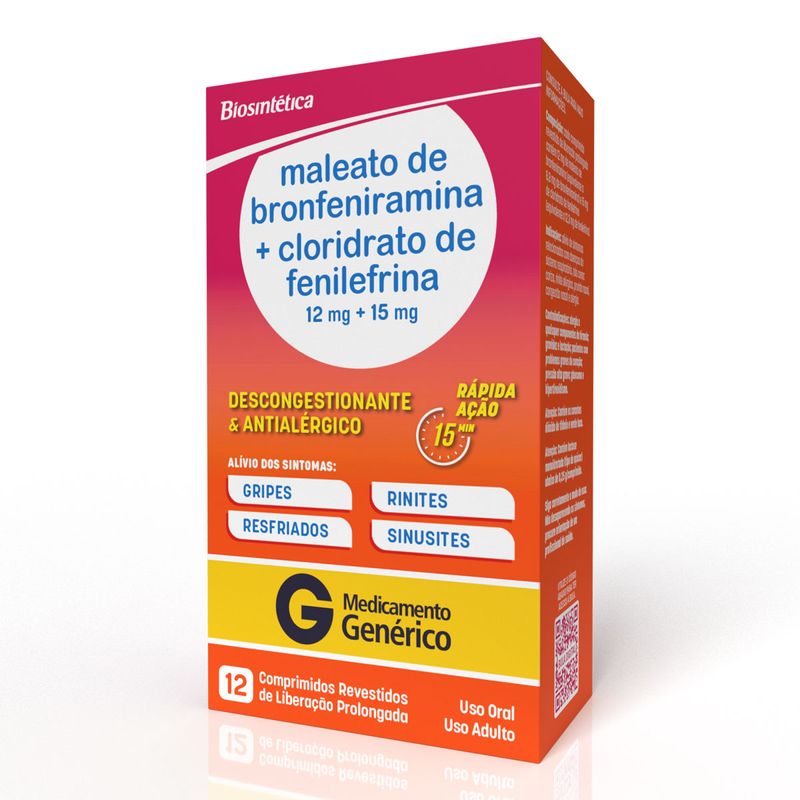 Maleato de Bronfeniramina + Cloridrato de Fenilefrina Biosintética - 12 Comprimidos